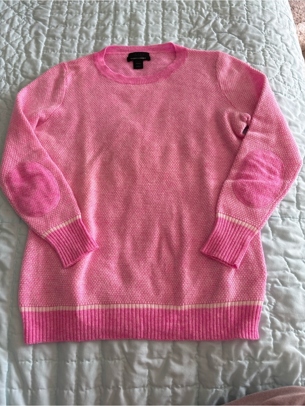 J.Crew 100 % Italian cashmere Pink Crewneck Sweater with Elbow Patches. Size XXS